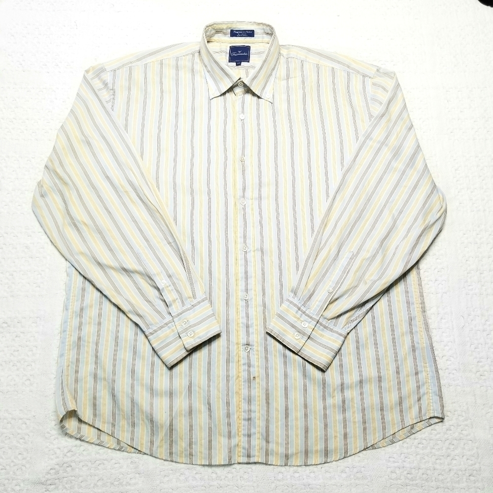 Faconnable Men's White Yellow Striped Cotton Longsleeve Buttondown Shirt,  XXL